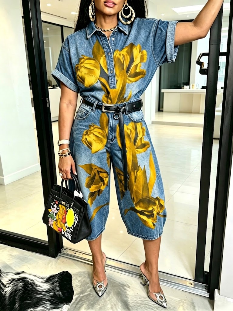 Stylish Casual Floral-print Denim Shirt And Jeans Two-piece Set