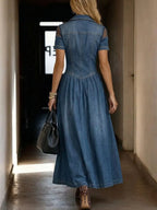 Women's Casual Loose Denim-paneled Dress With Lapel Collar And Short Sleeves