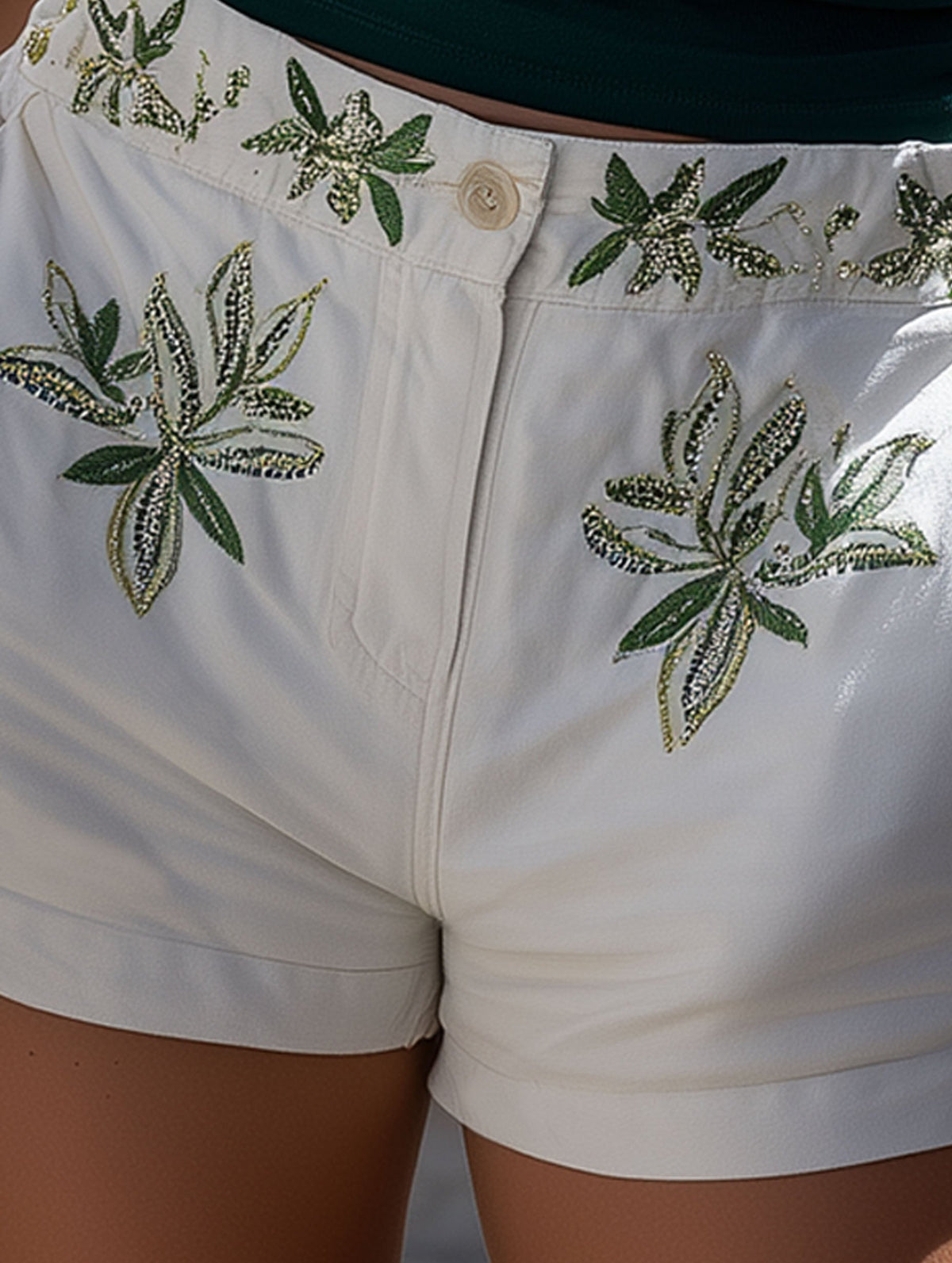 Vacation Casual White With Green Leaf Embroidery Denim Shorts