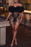 Women's Elegant Mesh Off-Shoulder Rhinestone Bodycon Dress