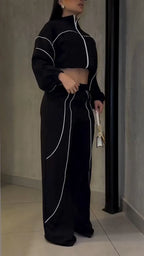Women Stand Collar Vertical Stripe Jacket+ Pants Casual Suit