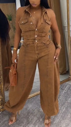 Womens Collared Patchwork Casual Denim Jumpsuit