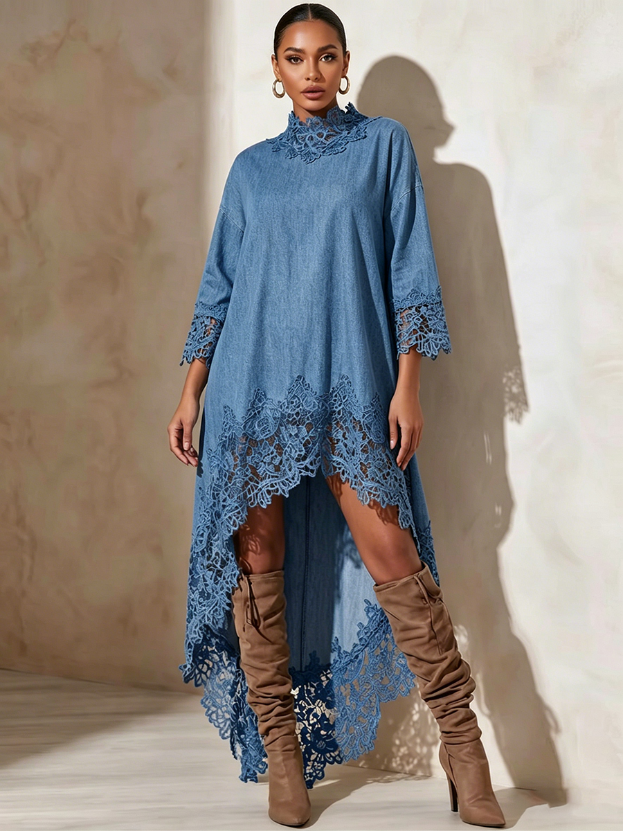 Vintage Lace Mock-neck Denim Maxi Dress