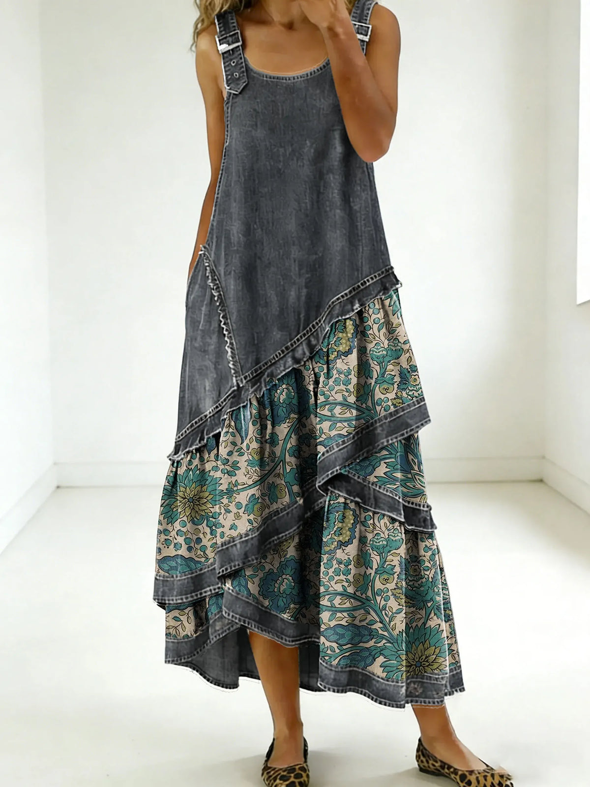 Women's Fashion Floral Denim Design Sleeveless Multi-layered Ruffled Strap Dress