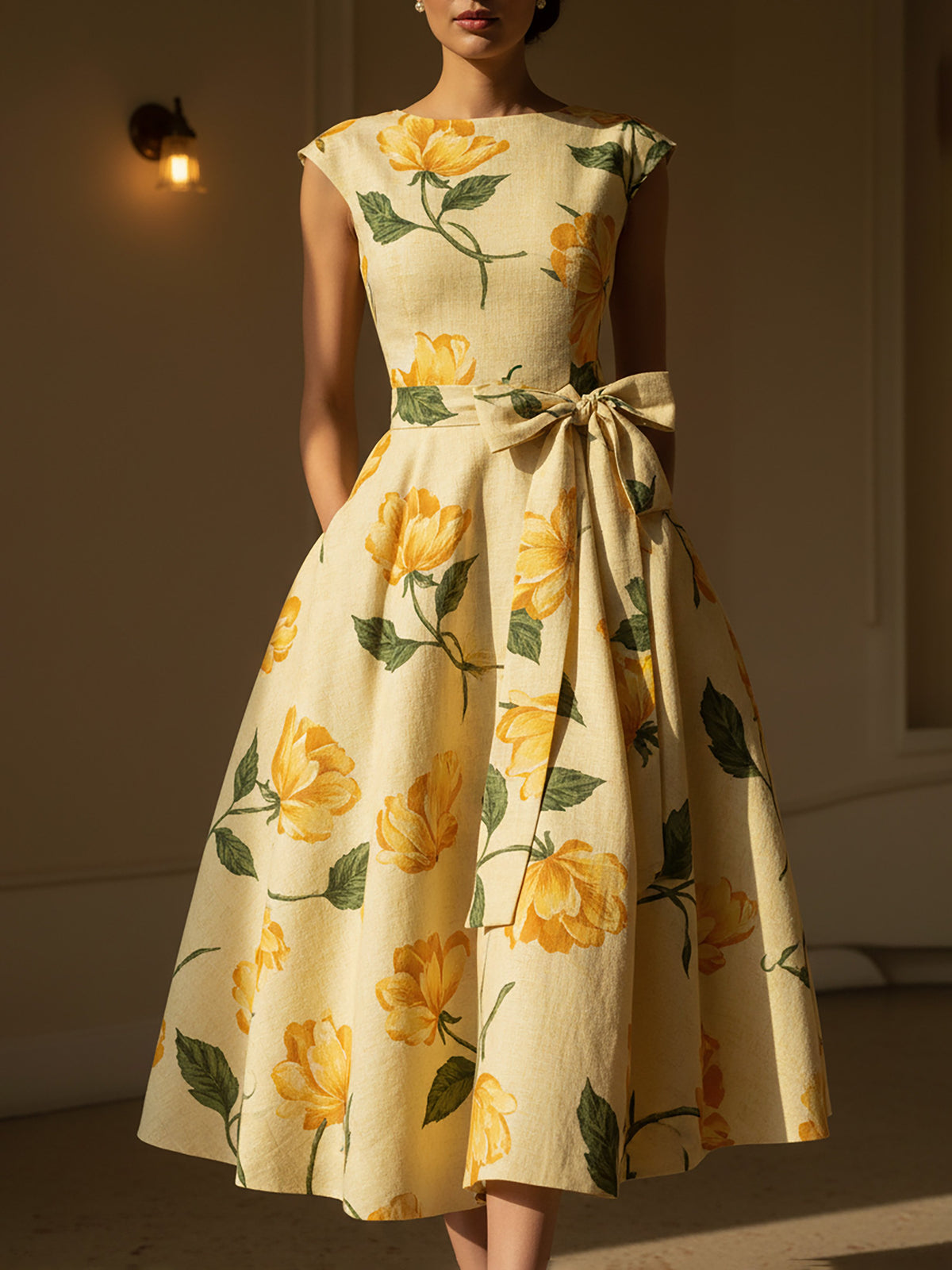 Midi Linen Dress, Cap Sleeves, Round Neck, Floral, Bow, Vintage, Yellow