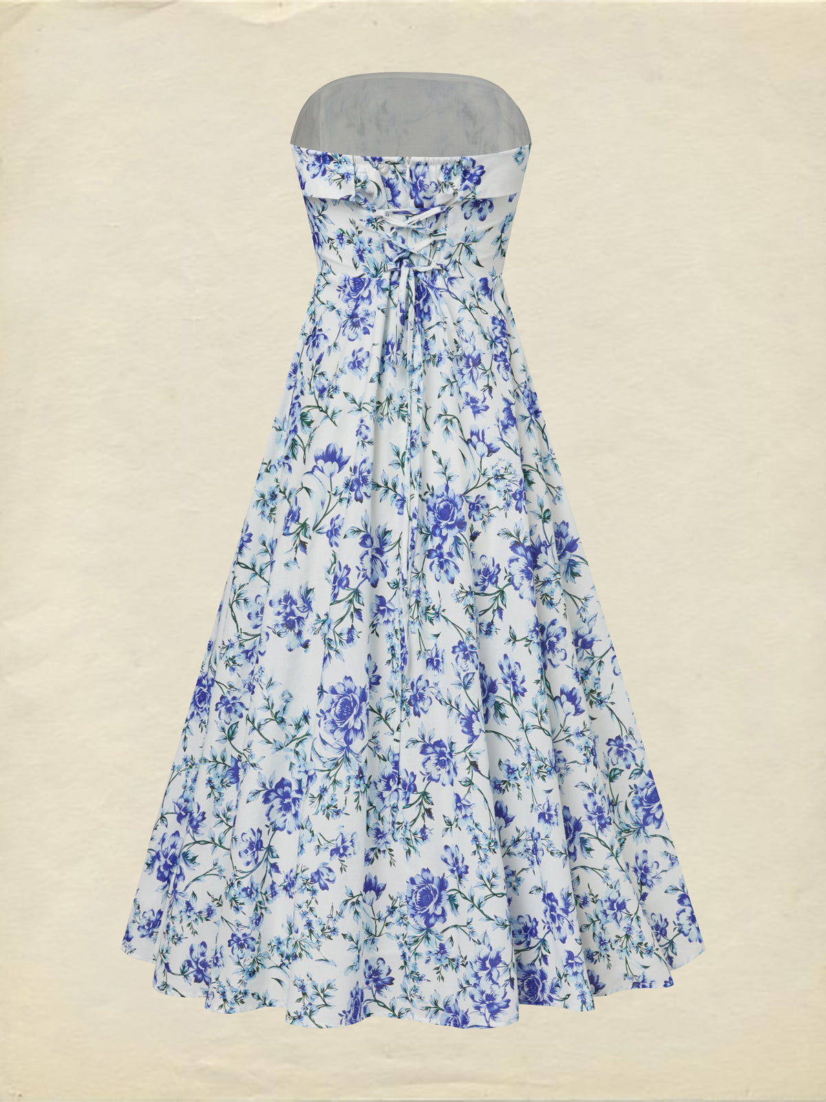 Maxi Cotton Dress, Sleeveless, Strapless, Floral, Vacation, Vintage, Blue