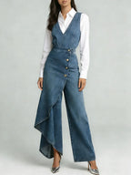 Women's V-neck Sleeveless Casual Loose-fitting Denim Wide-leg Jumpsuit