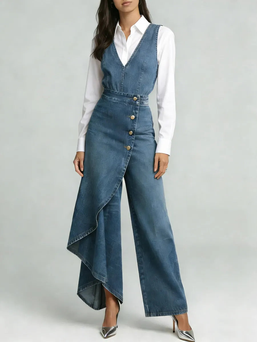 Women's V-neck Sleeveless Casual Loose-fitting Denim Wide-leg Jumpsuit