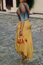 Women Elegant and Casual Deep V-neck Printed Top or Irregular Patchwork Skirt