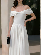 Halter-Off-Shoulder Twist-Front Gathered-Waist Maxi Dress