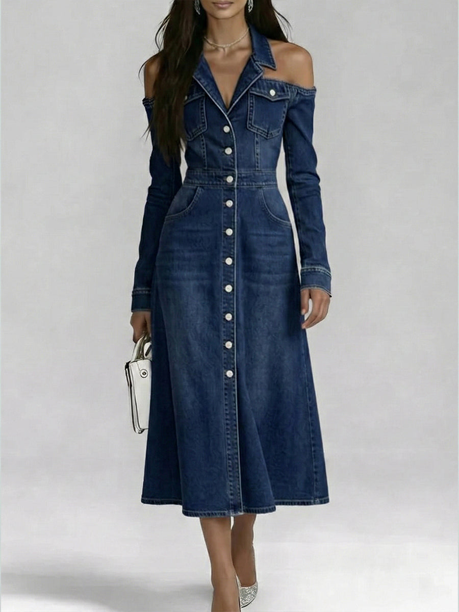 Stylish Off-shoulder Button-down Denim Dress
