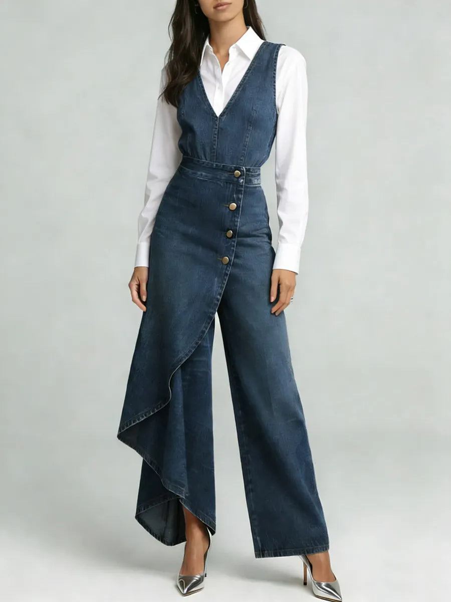 Women's V-neck Sleeveless Casual Loose-fitting Denim Wide-leg Jumpsuit