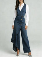 Women's V-neck Sleeveless Casual Loose-fitting Denim Wide-leg Jumpsuit