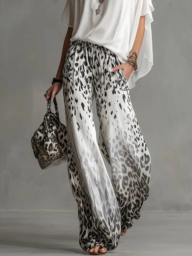 Flowy White T-shirt And Leopard Print Chiffon Pants Set
