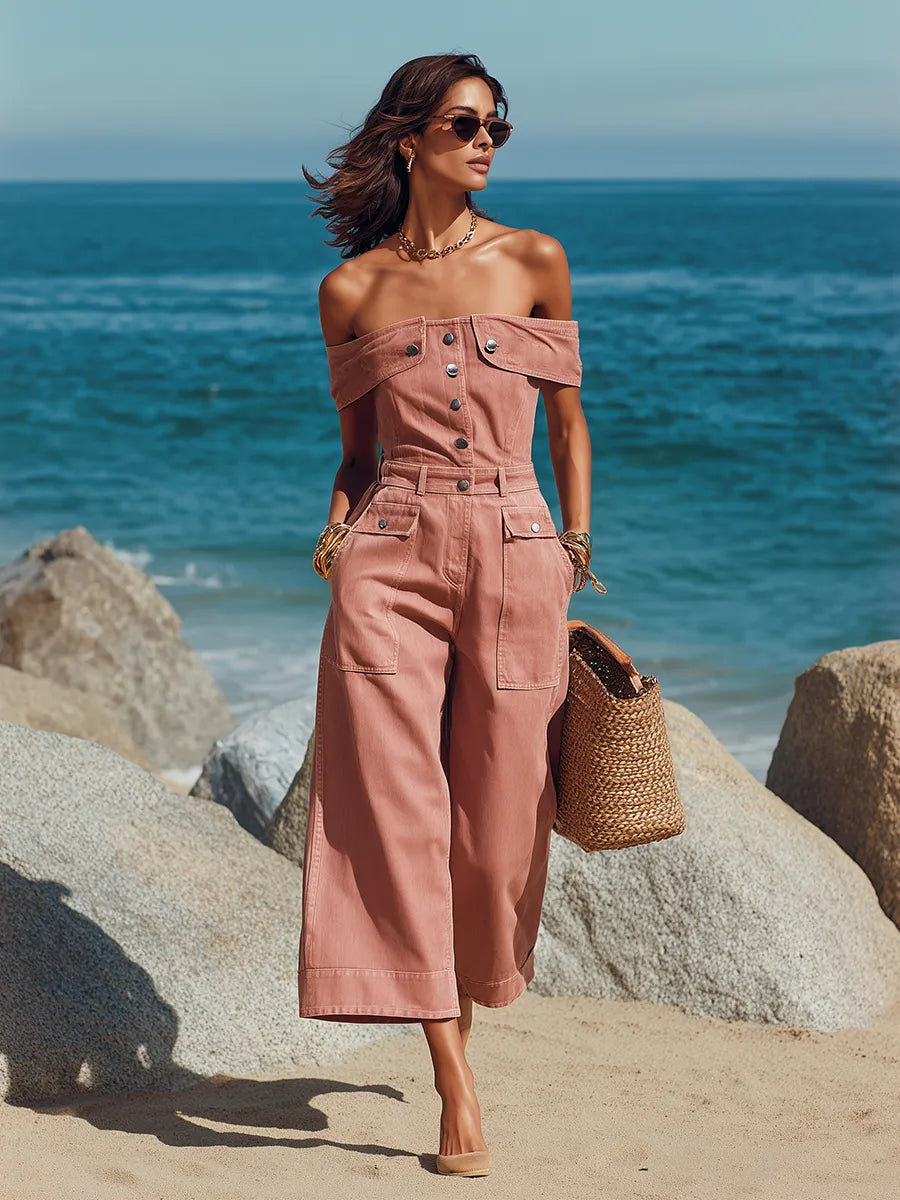 Sophisticated Chic Off-Shoulder Pink Denim Wide-Leg Cropped Jumpsuit
