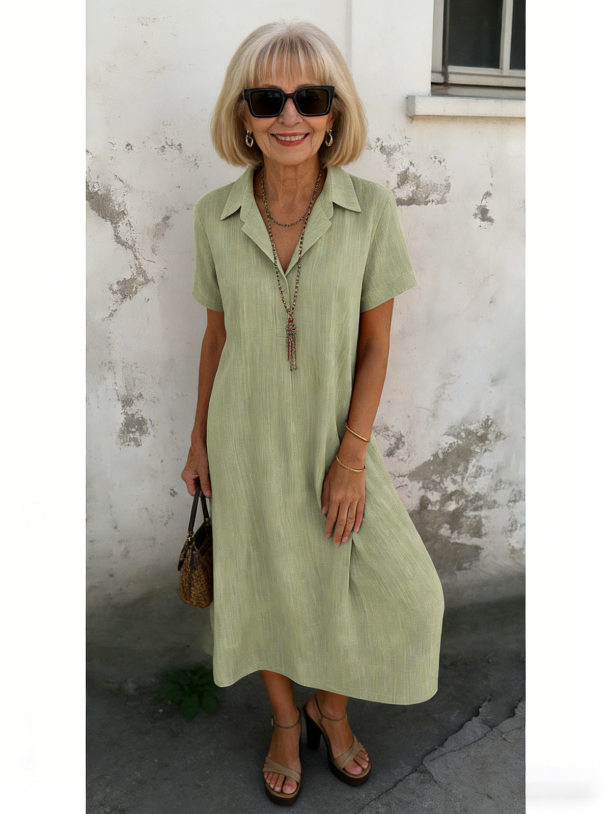 Loose Short-sleeved V-neck Solid Color Cotton and Linen Shirt Dress