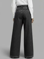 Asymmetric Buttoned Interlace Pockets Solid Color Split-Joint High Waisted Loose Trousers Jean Pants Bottoms