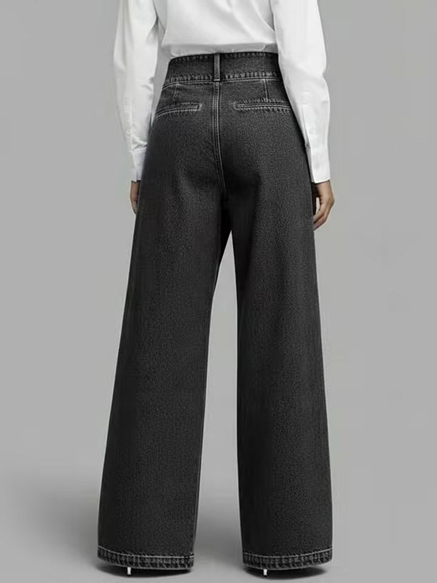 Asymmetric Buttoned Interlace Pockets Solid Color Split-Joint High Waisted Loose Trousers Jean Pants Bottoms