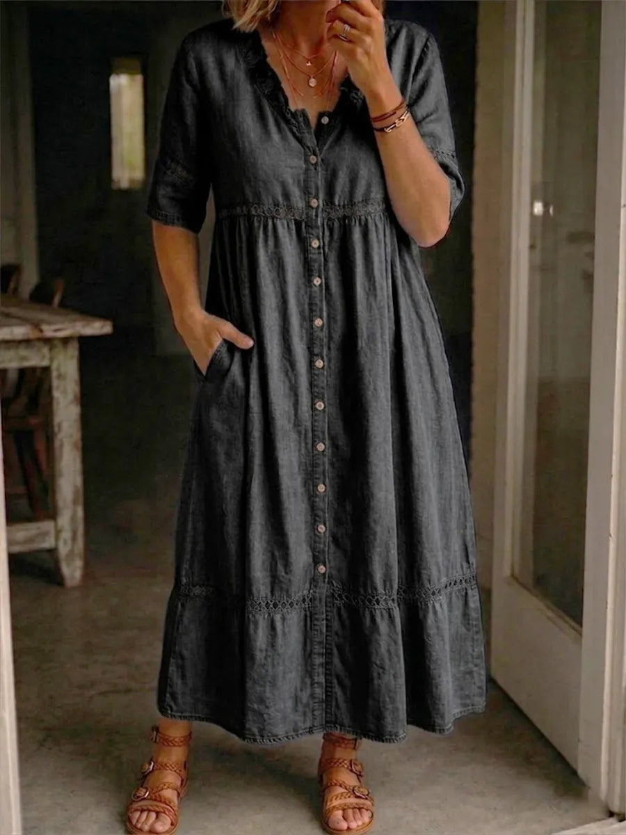 Casual Denim Dress With Cutout Webbing And Ruffled Collar