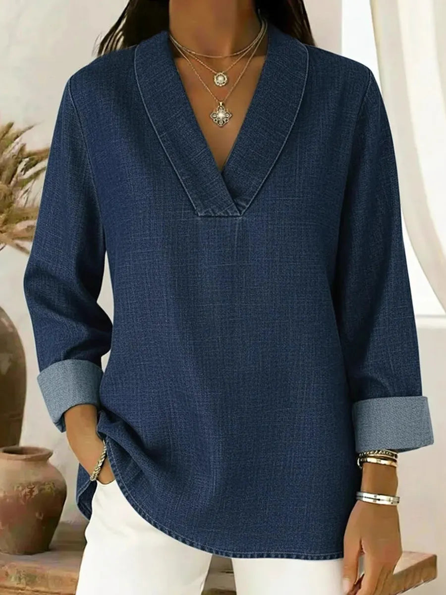 Solid Color Long Sleeves Loose V-Neck Blouses&Shirts Tops