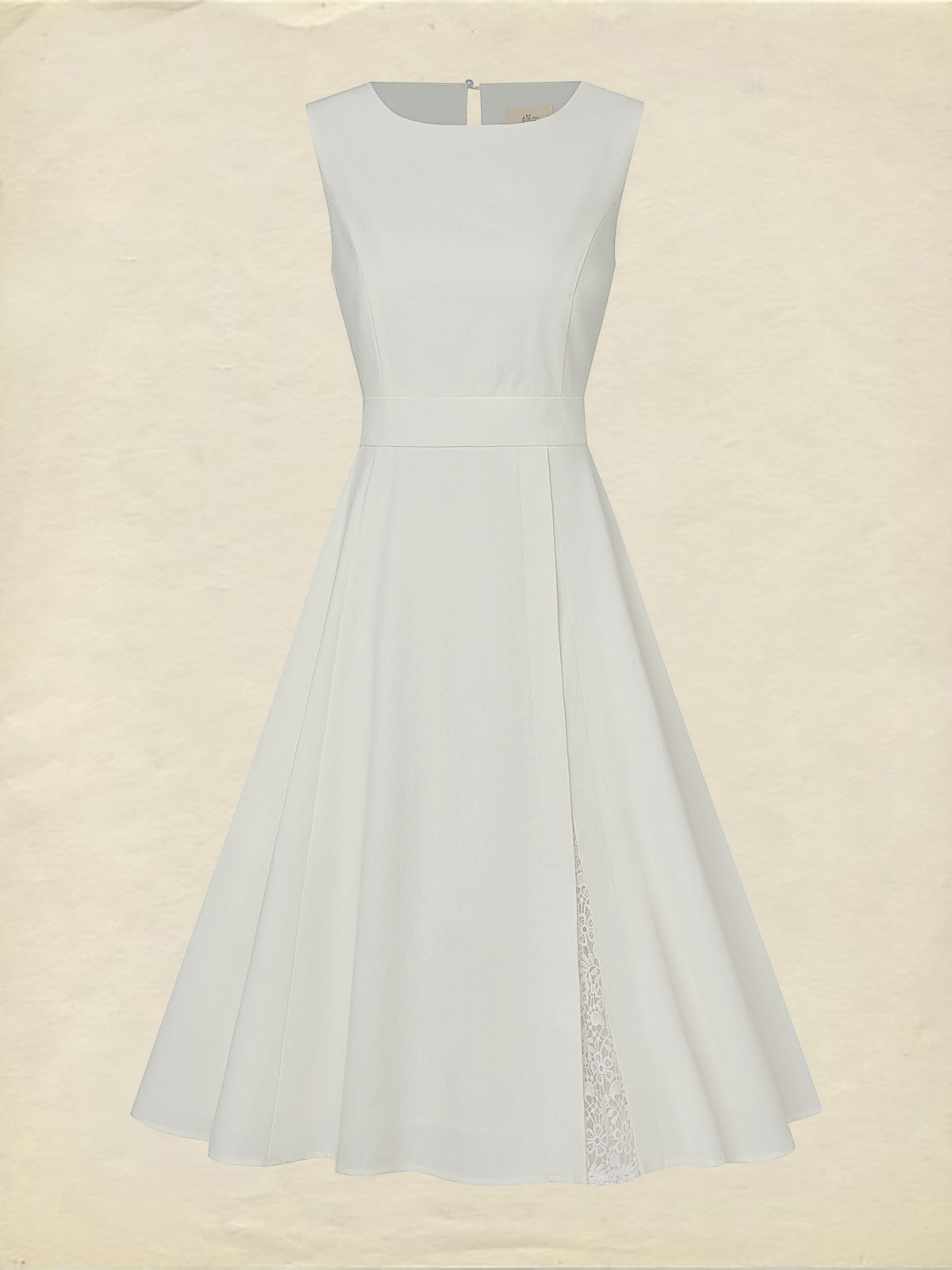 Midi Linen Dress , Sleeveless, Round Neck, Plain, Lace, French Vintage, White