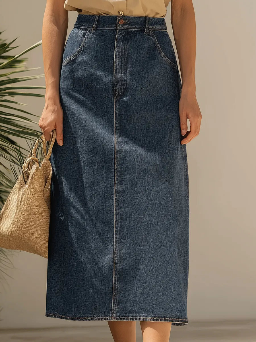 Resort Style Sleeveless Top And Denim Skirt Set
