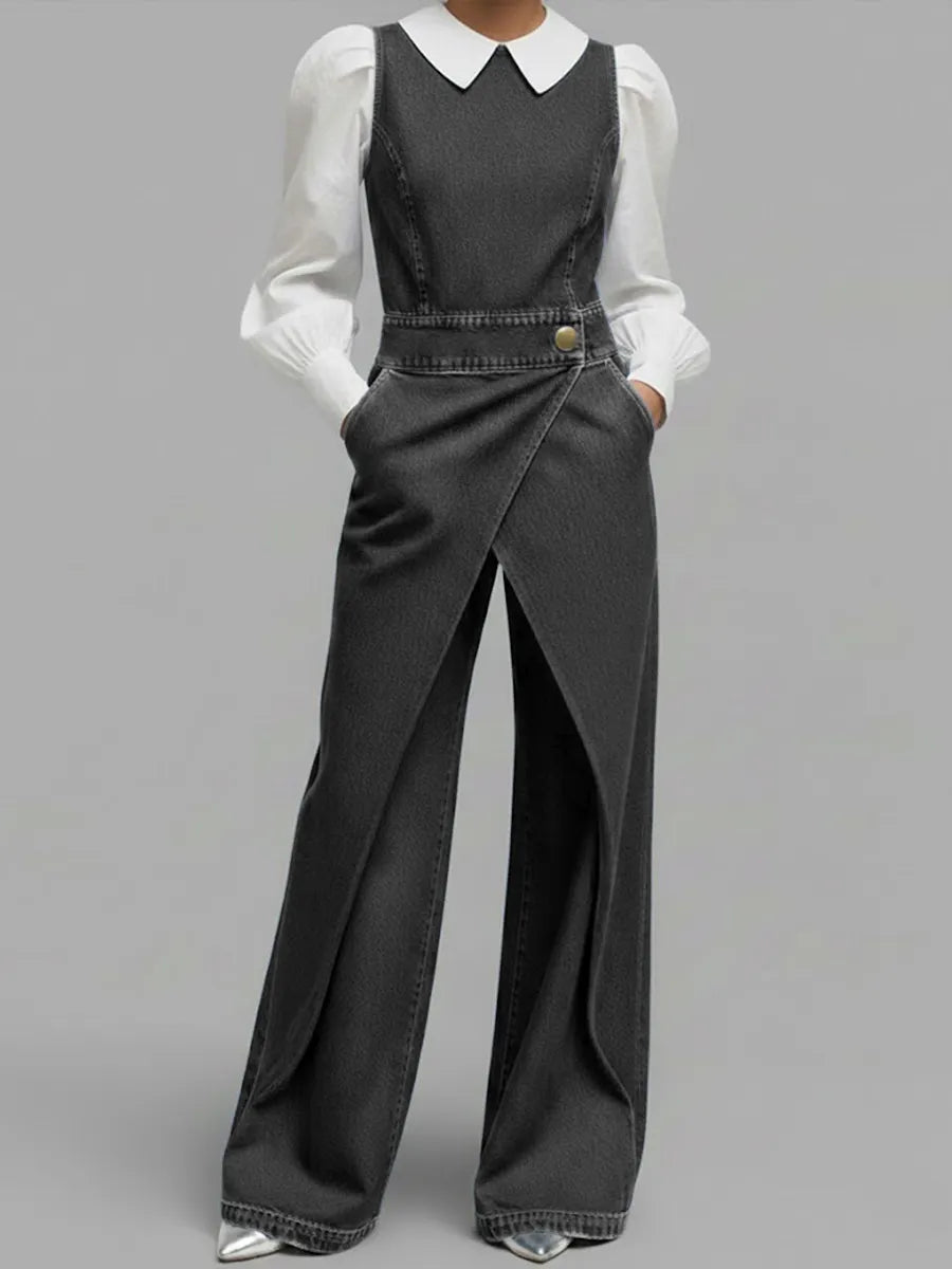 Women's Round Neck Sleeveless Casual Loose Denim Wide-leg Jumpsuit