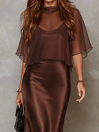 Retro Elegant Chocolate Brown Sheer Chiffon Overlay & Satin Midi Dress Set