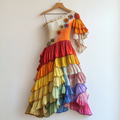 Rainbow Stitching Floral Embroidery Ruffle Dress  f3f7