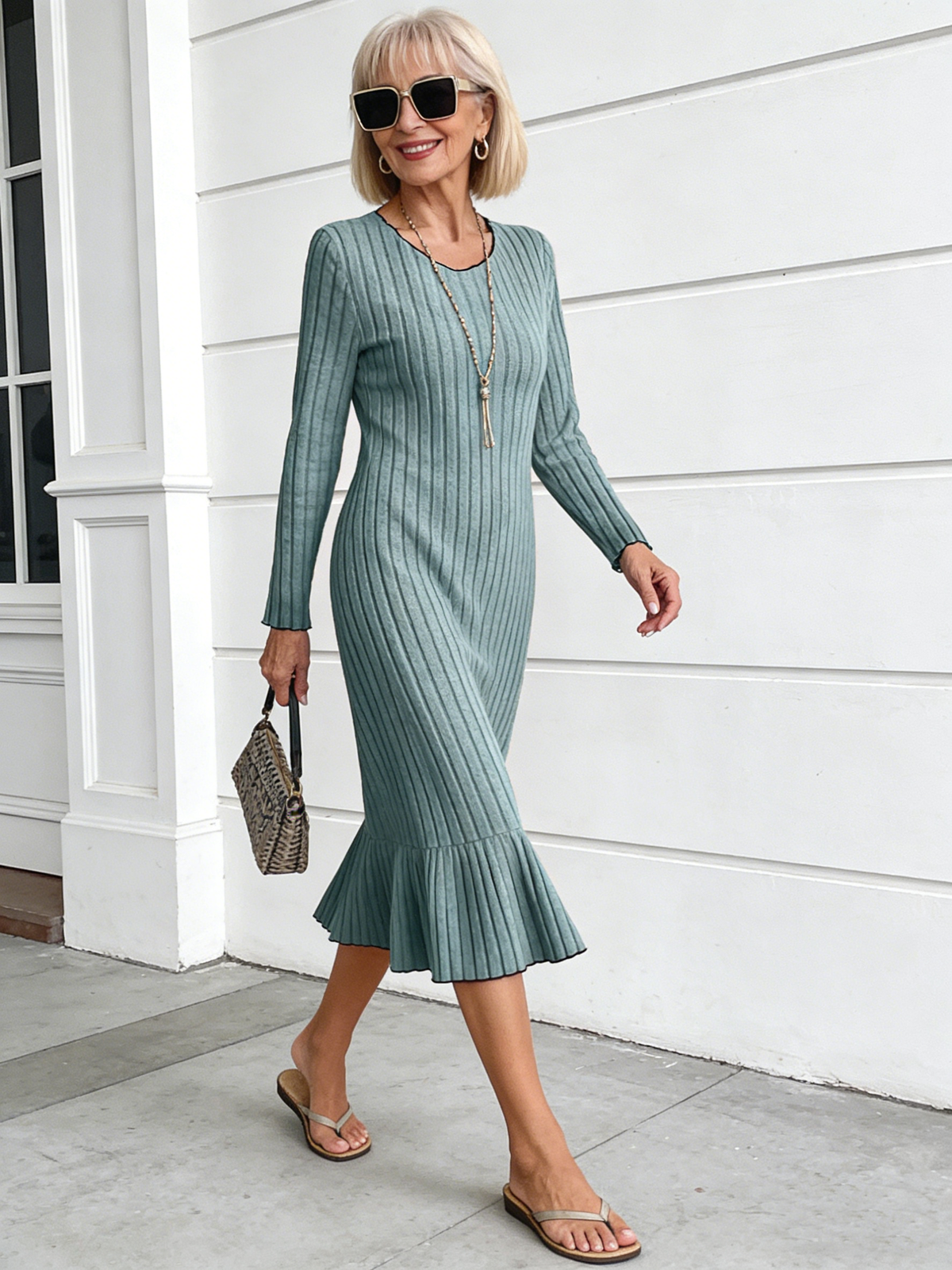 Dress Long Sleeves Solid Color, Fungus Edge Fashion Women's Clothing