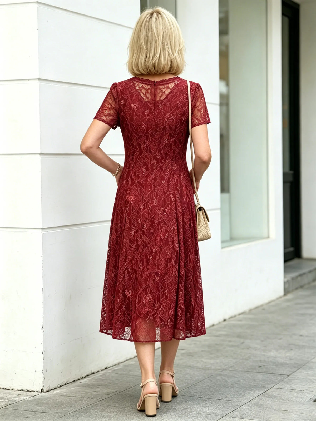 Red Floral Lace Midi Dress, V-Neck Short Sleeve Cinched Waist Slimming Dress for Mature Women