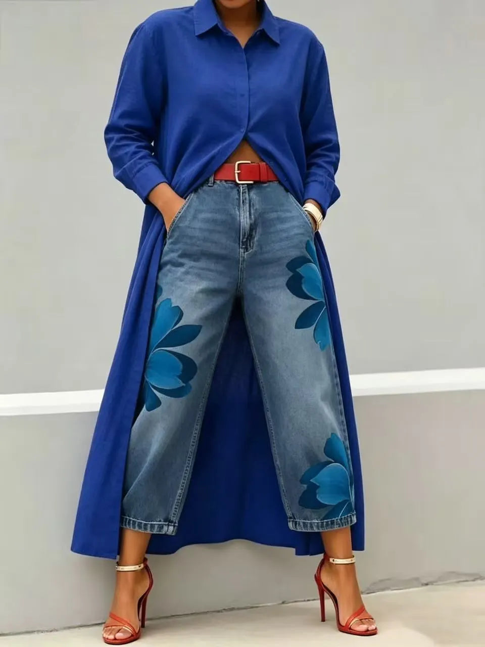 Long shirt paired with a floral wide-leg denim trouser set
