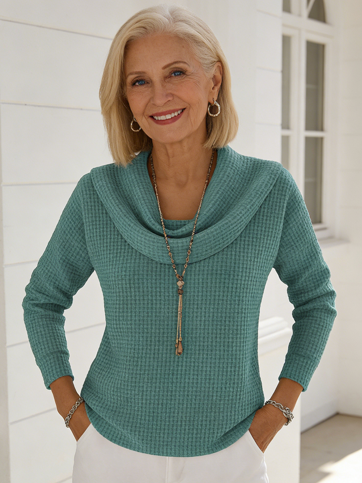 Casual Loose Fashion Solid Color Waffle Long Sleeve Pullover