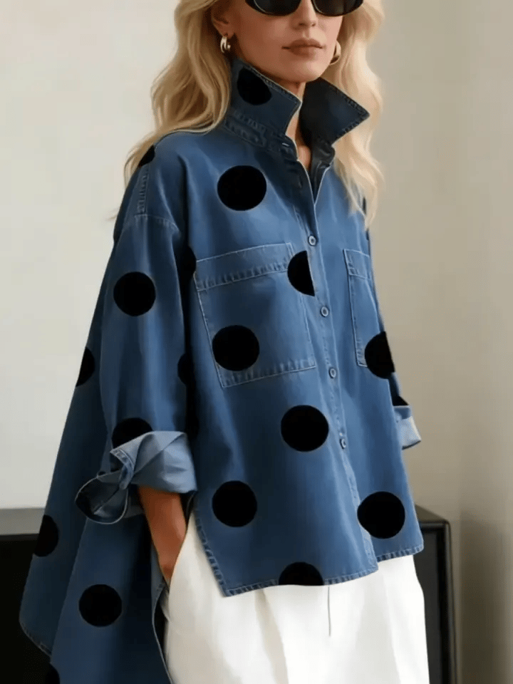Elegant Artistic Polka Dot Print Stand-collar Cotton Top