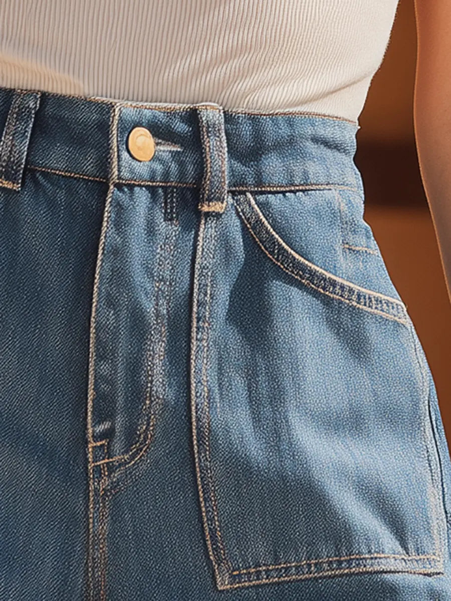 Vacation-Style Comfortable Denim-Paneled Shorts