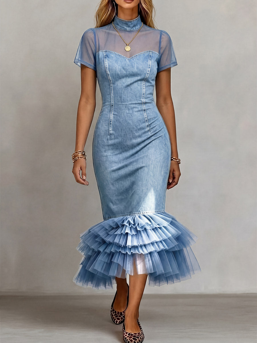 Women's Stand-collar Short-sleeve Slim-fit Casual Denim Dress