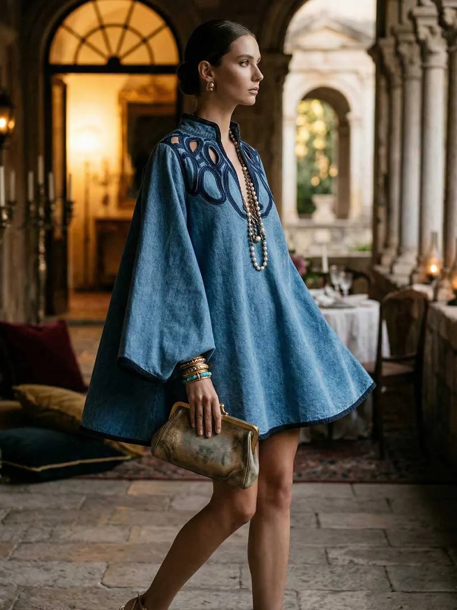 Contrast Color Hollow Split-Joint A-line Long Sleeves Stand Collar Mini Dresses