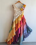 Rainbow Linen Ruffle Daisy Embroidery Irregular Dress 5287