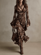 Vintage Brown Flounce Long Sleeve Gown Maxi Dress