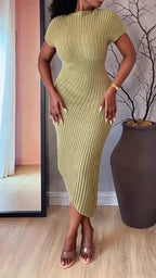 Women Round Neck Solid Color Irregular Elegant Temperament Knitted Slim Fit Dress