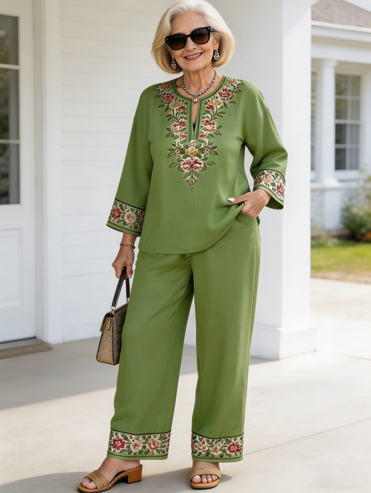 2Pcs Vacation Long-sleeved Lace Flower Long-sleeved Ethnic Style Suit