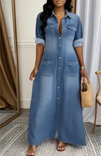 Women's Lapel Long-sleeved Button Casual Loose Denim Shirt Dress