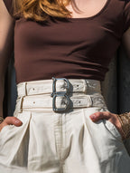 Resort-Style Double-Belted Beige Denim Shorts