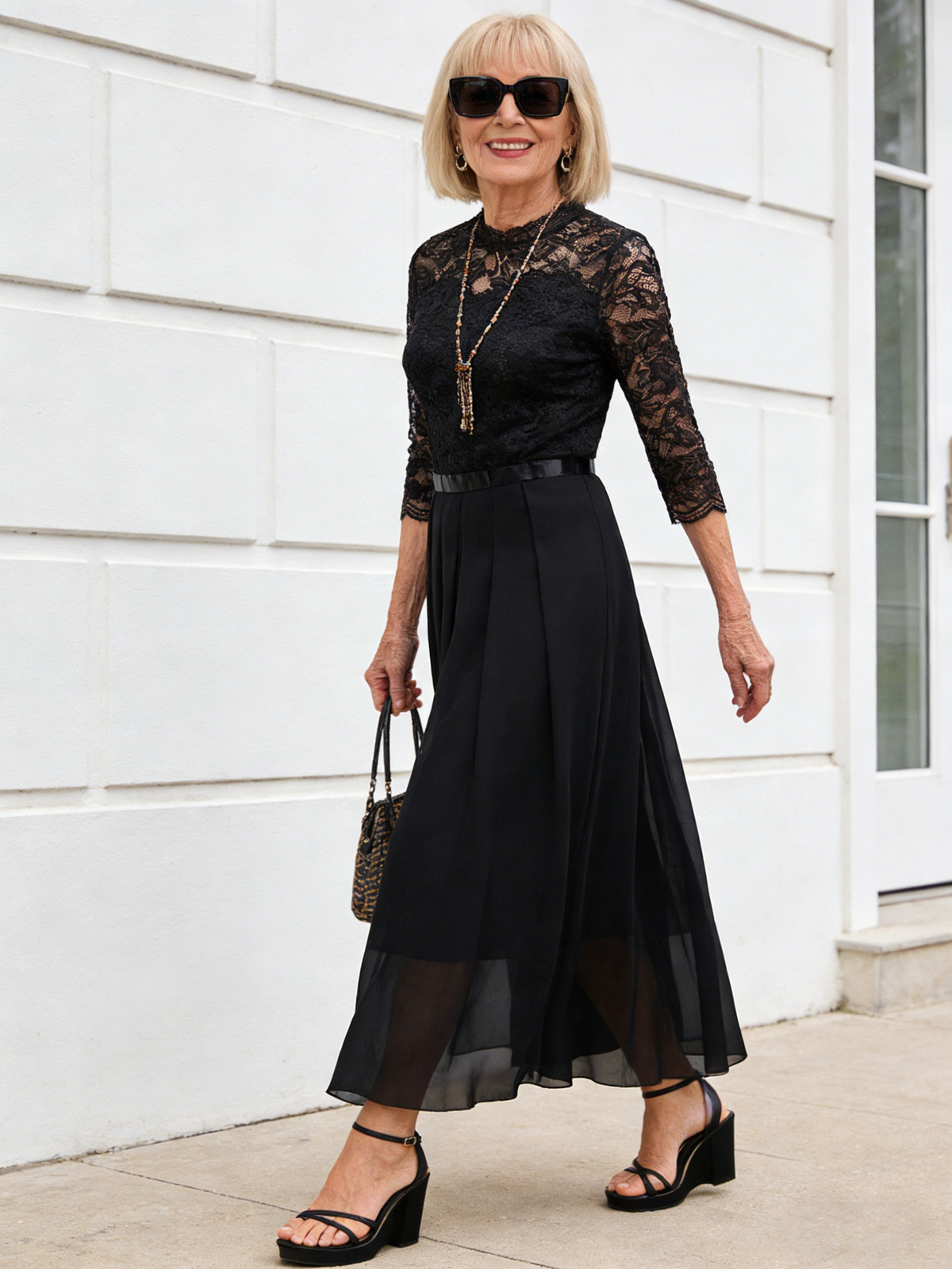 Evening Dress Splicing Dress Crew Neck Lace Dress Evening Dress