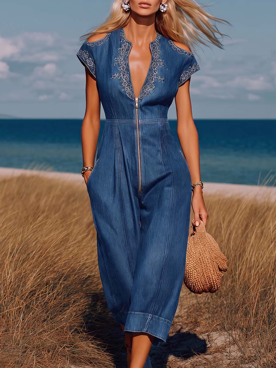 Women's V-neck Short-sleeve Casual Loose-fit Denim Wide-leg Jumpsuit