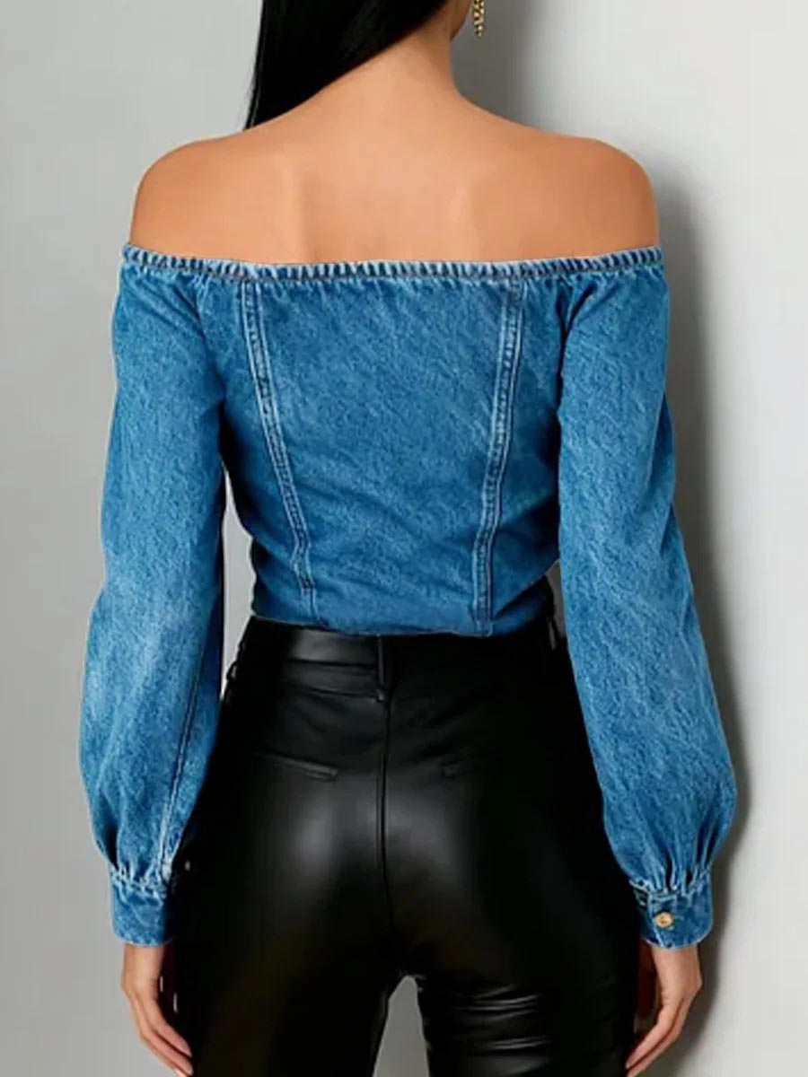 Buttoned Pleated Solid Color Split-Joint Irregularity Long Sleeves Off-The-Shoulder Blouses&Shirts Tops