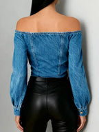 Buttoned Pleated Solid Color Split-Joint Irregularity Long Sleeves Off-The-Shoulder Blouses&Shirts Tops