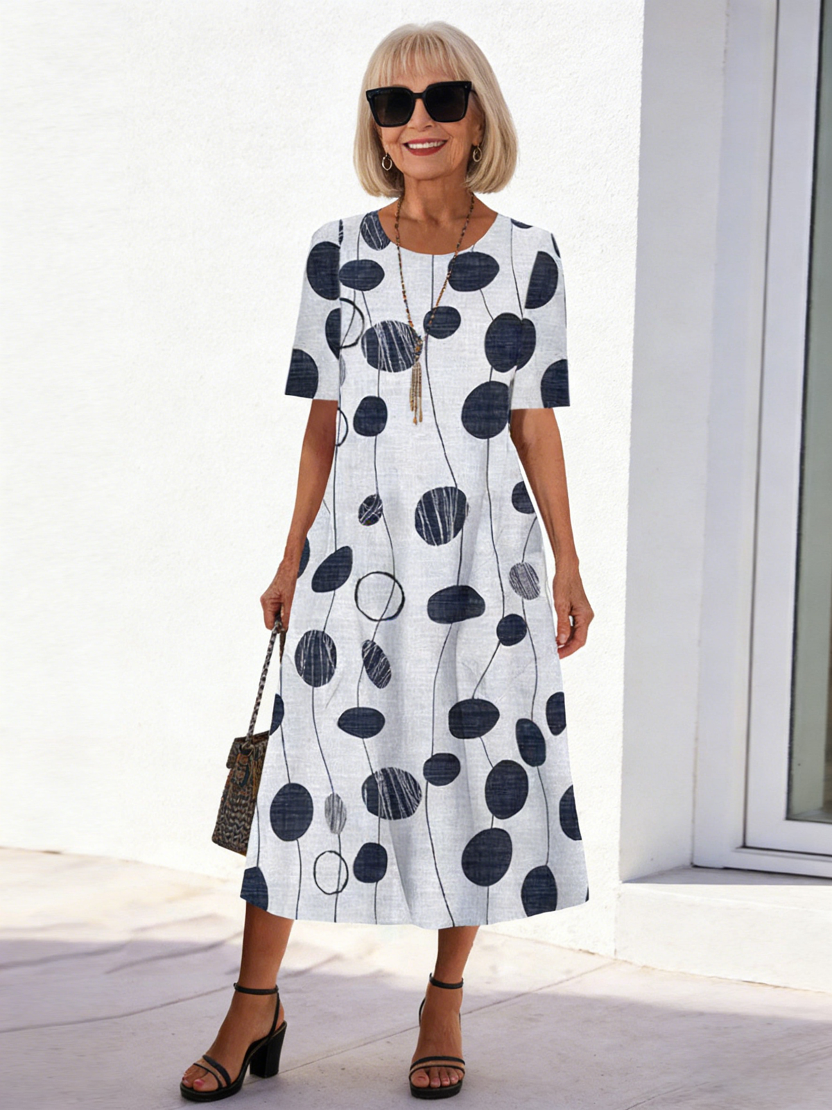 Women's Short Sleeve Scoop Neck Floral Printed Midi Dress With Pockets
