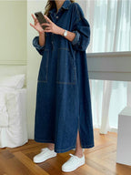 Buttoned Pockets Solid Color Split-Joint Split-Side Long Sleeves Loose Lapel Shirt Dress Maxi Dresses