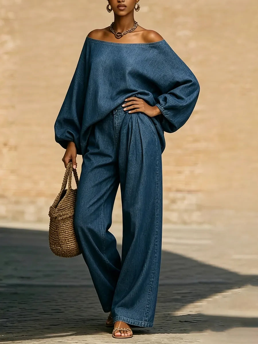 Stylish & Cozy Off-shoulder Denim Two-piece Set